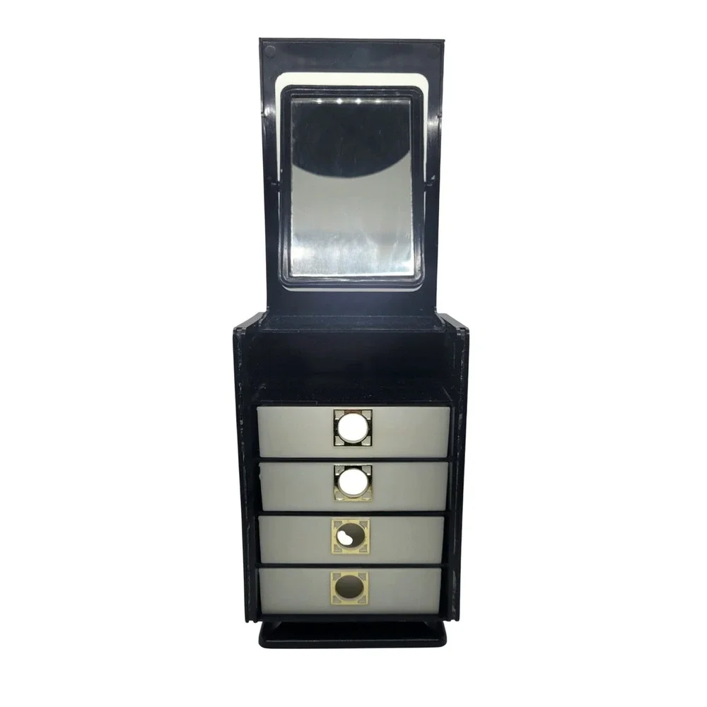 Vintage Japanese Style Black Floral Jewelry Box 4 Drawer Mirror Vanity Organizer